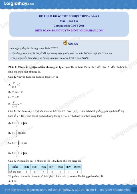 Đề tham khảo thi THPT môn Toán - Đề số 3 (hay, chi tiết)